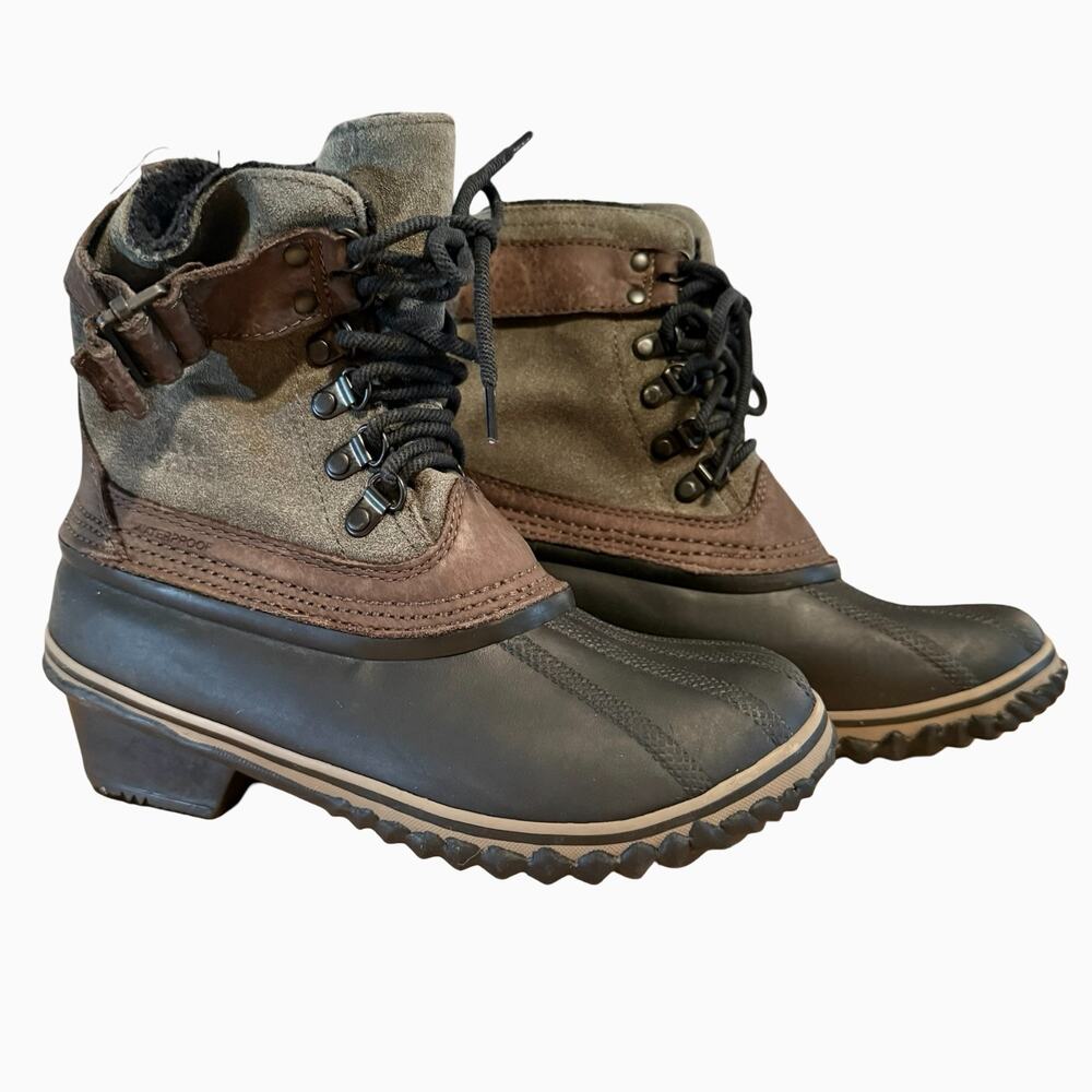 Sorel Winter Fancy Lace II Boots Suede Ruber Duck Ankle Shoes Olive Green sz 7